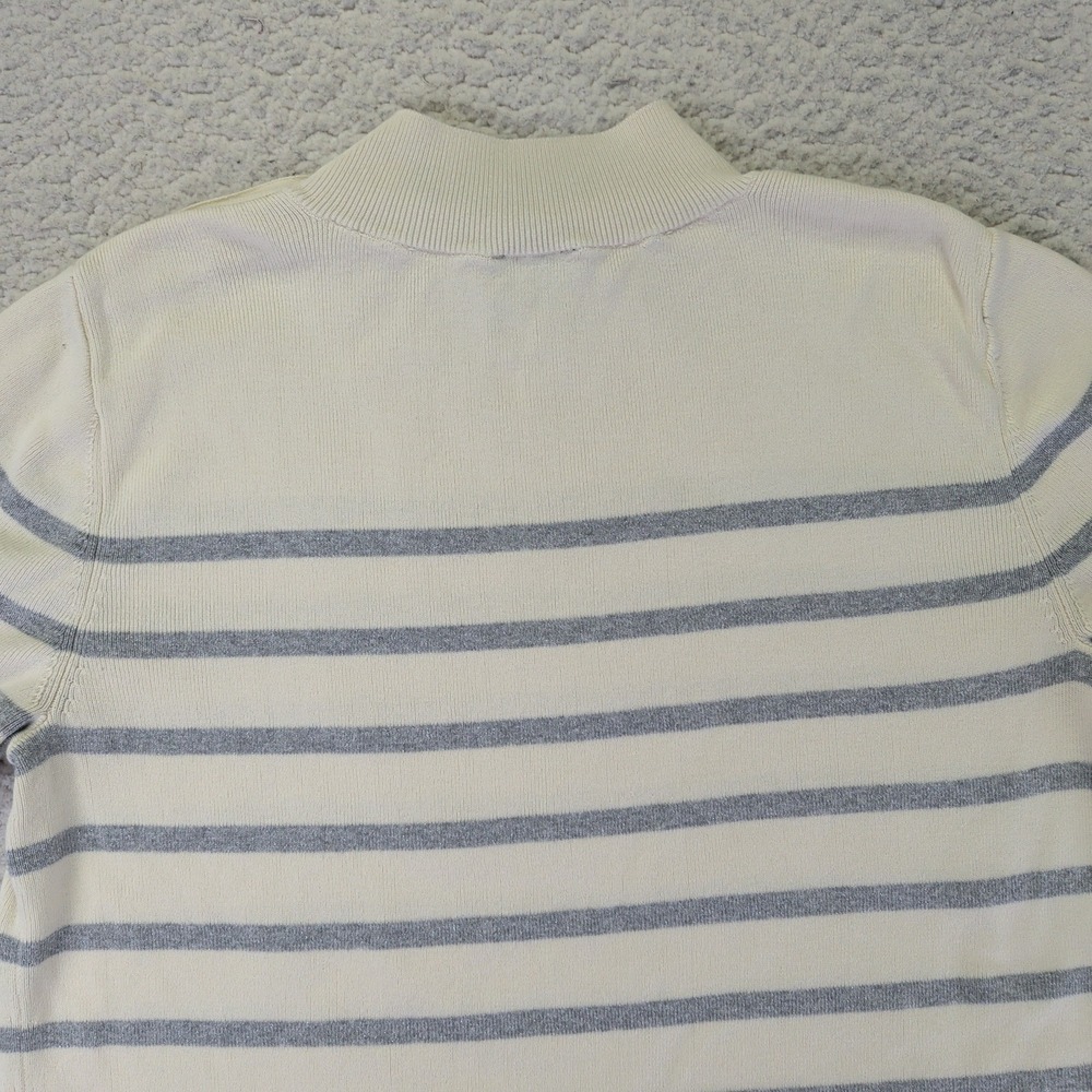 Talbots Womens Medium Striped Mock Neck Short Sleeve Sweater Silver Button Cream - Picture 8 of 9